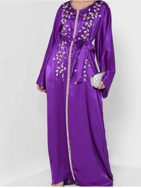 Embroidered Satin Purple Kaftan with Belt